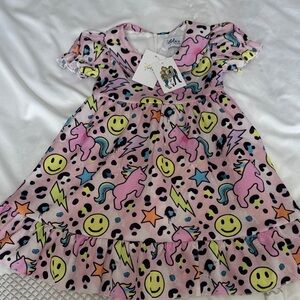 Lola + The Boys Pink Unicorn and Smiley Dress